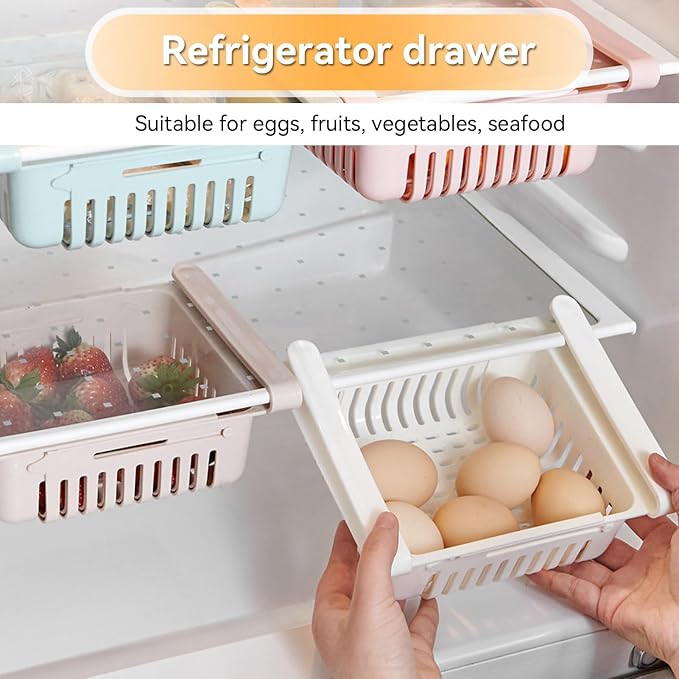 2Pcs Expandable Fridge Drawer Organizer, 20-28cm Adjustable Under Shelf Refrigerator Bins with Ventilation - Snap On Freezer Organizer for Eggs, Fruits, Vegetables, Snacks (White) - Image 3