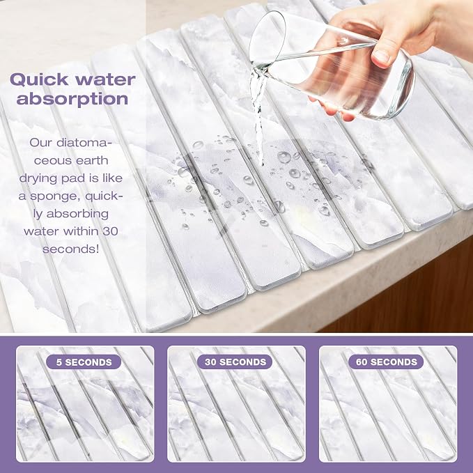Elegant Grey Marble Drying Mat, Collapsible & Extra Large Absorbent Diatomite Stone Tray for Kitchen Counter, Quick Dry Dish Drying Pad for Dishes, Cups, Pots & Utensils 24”x16” - Image 3