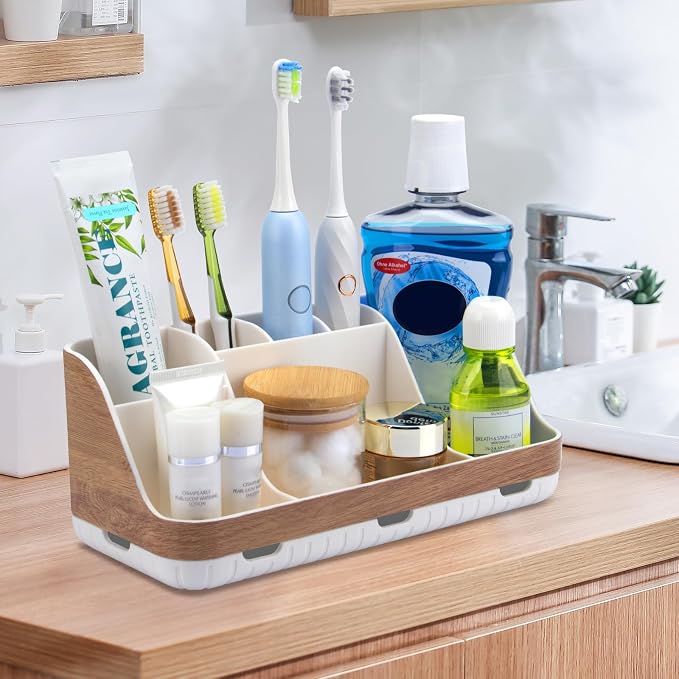 GFWARE Bathroom Countertop Organizer - Detachable 7 Slots Kids Electric Toothbrush and Toothpaste Holde Drainage for Bathroom Accessories Organization Counter Vanity Storage, Woodgrain - Image 6