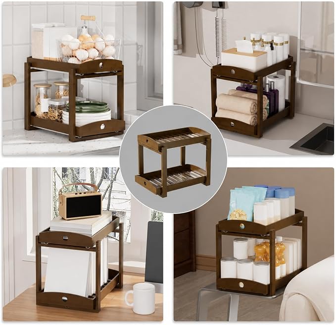 Bamboo Under Sink Organizer 2 Tier Pull Out Cabinet Storage Drawer - Image 4