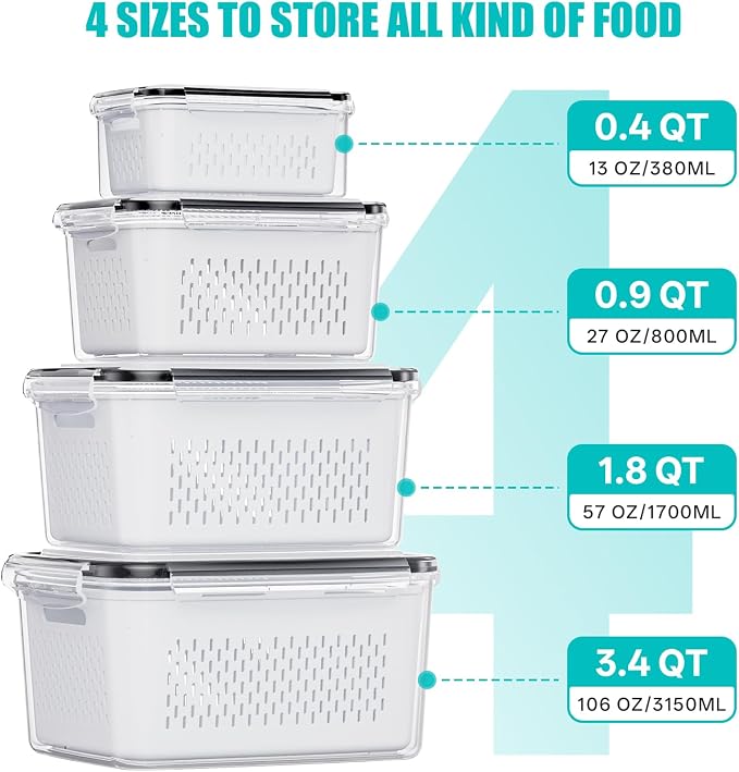 HOMETALL 4 Pack Fruit Storage Containers for Fridge Set, Produce Containers for Fridge with Strainer, Plastic Reusable Fridge Organizers and Storage for Berry Salad Lettuce, Size 3.4, 1.8, 0.9, 0.4QT - Image 3