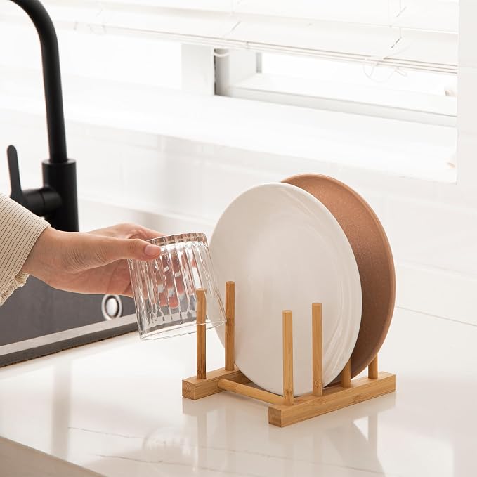 HBlife 2pcs Bamboo Dish Plate Bowl Cup Book Pot Lid Cutting Board Drying Rack Stand Drainer Storage Holder Organizer Kitchen Cabinet（Keep Dry） - Image 3