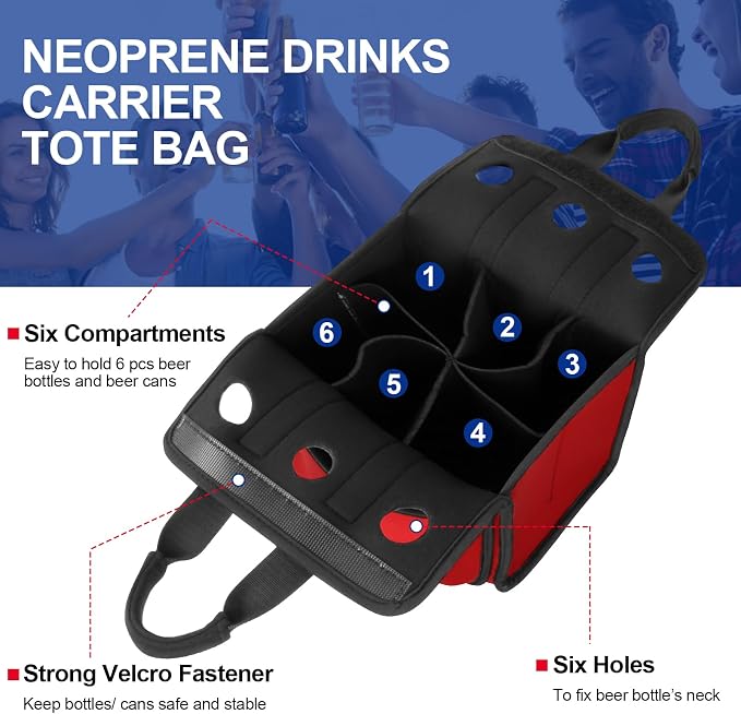 Portable Drinks Tote Bag for 6 PCS Beverage Cans/Bottles, Neoprene Insulated Drinks Can Bottle Carrier Tote Beverages Cans Cooler Bag Holder for Camping, Picnic, Party (Red) - Image 2