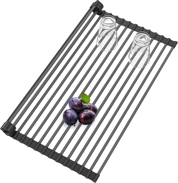 Roll Up Dish Drying Rack, Silicone Wrapped Over The Sink Multipurpose Foldable Dish Drainer Anti-Slip Coated Stainless Steel Dish Racks for Kitchen Counter, Sink Drying Rack (Black, 17.3" x 12.4") by BBXTYLY