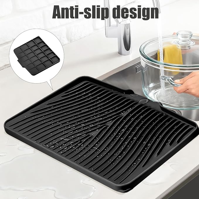 TIKNIK Silicone Dish Drying Mat for Kitchen Counter, Black-1pc, 20" x 15" | Heat Resistant & Non-Slip Dish Drain Pad with Built-In Drain, Dishwasher Safe, Quick-Dry, Hangable & Roll-Up for Storage - Image 3