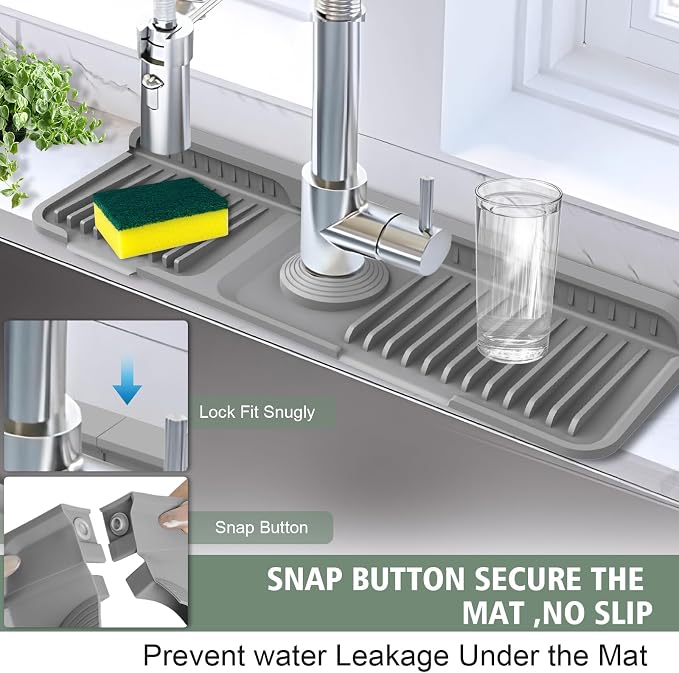 17.7-Inch Kitchen Sink Splash Guard Mat | 7° Slope for Fast Self-Draining | Snap-Lock Design | Universal & Cuttable Silicone Faucet Mat Gray - Image 2