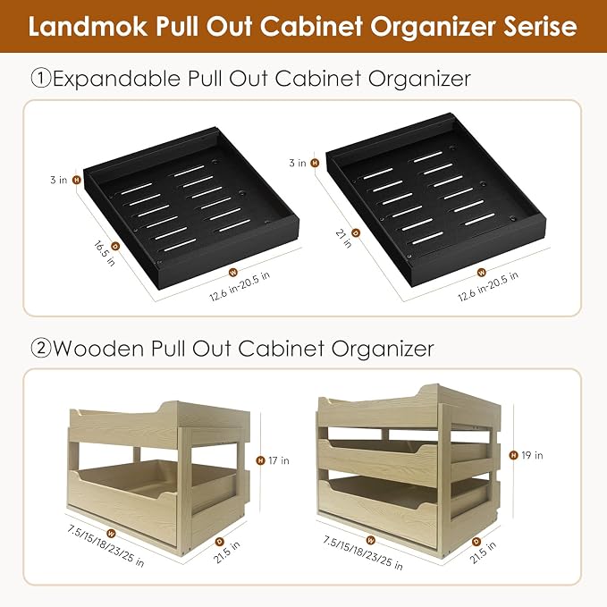 2 Pack Expandable Pull Out Cabinet Organizer 21" Deep, Adjustable Width 12.6"-20.5", No Drill Adhesive with Triple Track Rails, Heavy Duty Slide Out Drawers for Kitchen, Pantry, Cabinets,Black - Image 8
