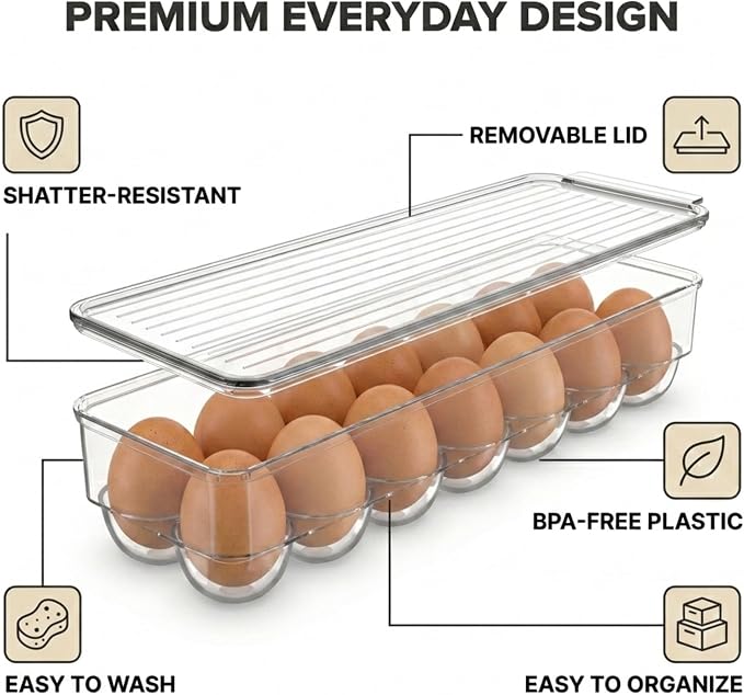 American Dream Fridge Bin Egg Holder for Refrigerator, 14-Egg Storage Container with Lid, Stackable BPA-Free Plastic Organizer Tray for Kitchen Fridge – Clear - Image 5