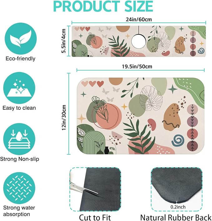 Dish Drying Mat for Kitchen Counter Matt, 2PCS 19"x12" Dish Drainer Mat & 24"x5.5" Sink Splash Guard, Super Absorbent Non-slip Rubber Backed - Image 2