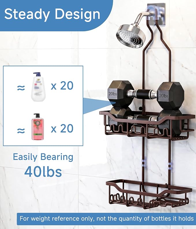 Upgraded Extended Length Shower Organizer with Hooks, Rustproof Shampoo Soap Holder, Large Hanging Bathroom Caddy, Brown - Image 5