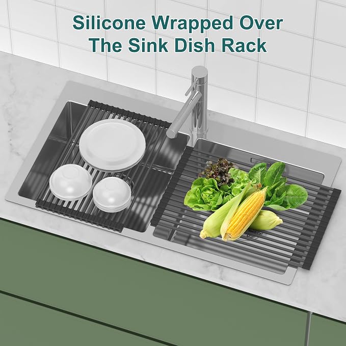 Roll Up Dish Drying Rack, Silicone Wrapped Over The Sink Multipurpose Foldable Dish Drainer Anti-Slip Coated Stainless Steel Dish Racks for Kitchen Counter, Sink Drying Rack (Black, 17.3" x 12.4") - Image 4