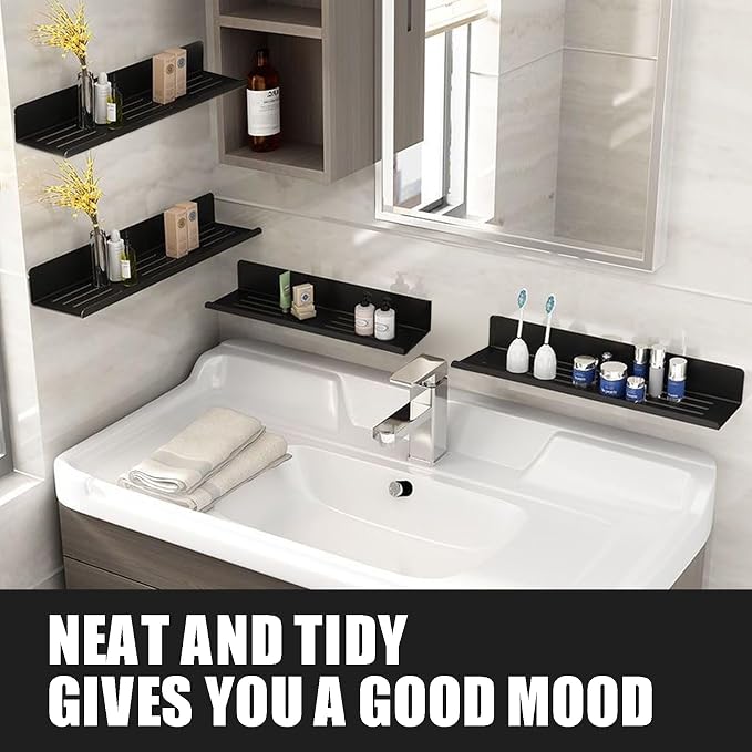 Over The Sink Shelf, Metal Wall Mounted Bathroom Countertop Organizer, Floating Shelf Organizer (2 PCS) (Black, 40CM(15.7')) - Image 3