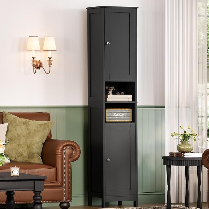 67" Tall Bathroom Cabinet with Adjustable Shelves and Doors | Narrow Bathroom Storage Cabinet for Small Space, Living Room, Entryway, Kitchen, Black - Image 7