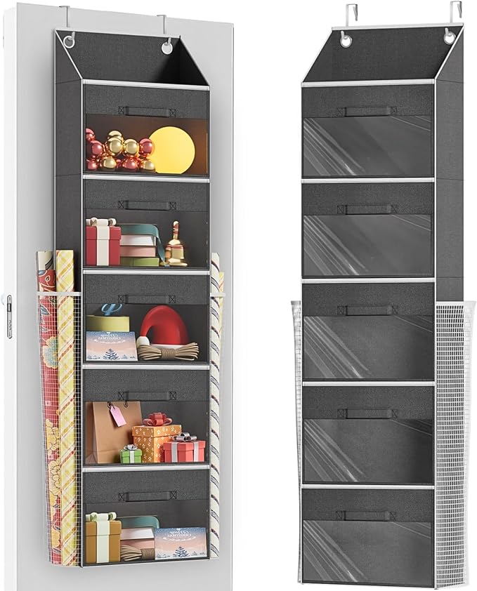 Over Door Wrapping Paper Organizer Storage with 5 Removable Drawers & 2 Large Side Pockets for Gift Wrap Rolls Wrap Storage for Ribbons, Bows, Ornaments and Tools by Ofiray-home