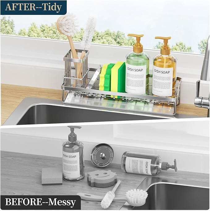 Consumest Sponge Holder for Kitchen Sink - Sink Caddy with Stainless Steel Self Drain Tray, Sink Organizer with High Brush Holder Countertop for Kitchen Sink Accessories, Silver-Extra Large - Image 5