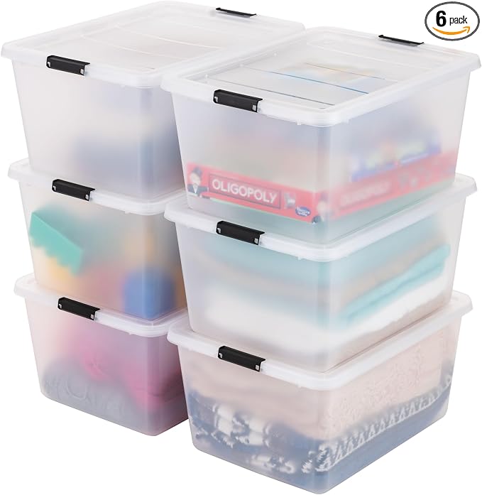 IRIS USA 6-Pack 32.5 Quart Clip Box with Latching Lid | Latching lid secures office and household supplies. Stackable, nestable design maximizes storage space by IRISUSA