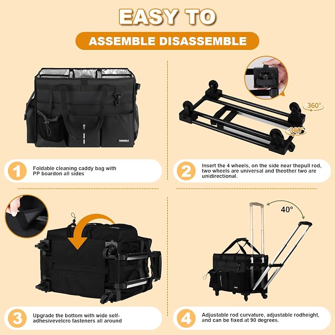 Extra-Large Rolling Cleaning Caddy with Wheels,Cleaning Caddy Bag with Detachable Trolley,Water Resistant Lining Cleaning Supply Organizer with Handle for Cleaners,Housekeepers (Black) - Image 5