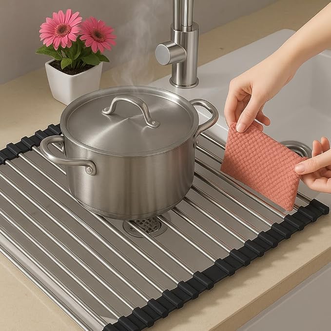 Over Sink Dish Dryng Rack - Roll Up Stainless Stell & Silicone Drying mat, Heat Resistant, Non-Slip & Foldable, Space Saving Kitchen Organizer (17.3"x 15.7")(Black) - Image 4