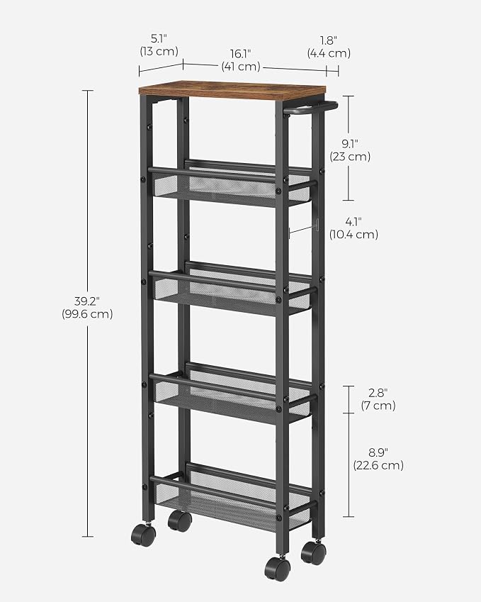 VASAGLE Slim Rolling Cart, 5-Tier Storage Cart, Narrow Carts with Handle, 5.1 Inches Deep, Metal Frame, for Kitchen, Dining Room, Living Room, Home Office, Rustic Brown and Classic Black ULRC034B01 - Image 6