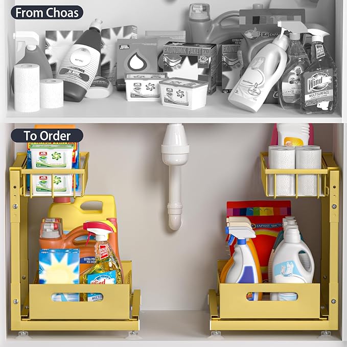 L-Shaped Under Sink Organizer, 2-Tier Pull-out Cabinet Rack 1-Pack | Gold Height-Adjustable Steel Rack, Sliding Grid Drawers with PP Liners, Holds 100 Lbs, Suction Base, Ideal Kitchen Storage - Image 2