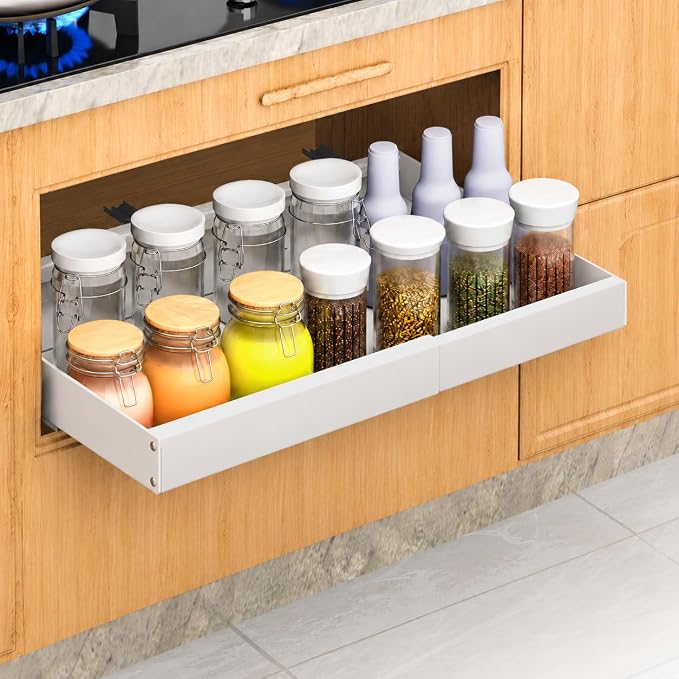 1 Pack Pull Out Cabinet Organizer Expandable,16.53" Deep | Pull Out Drawers for Cabinets with Adjustable width from 12.6" to 21" Sliding Drawers for Cabinets with Heightening Pad No Drill for Kitchen by Unknown
