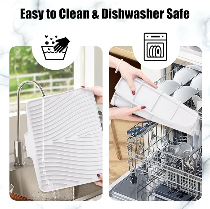 TIKNIK Silicone Dish Drying Mat for Kitchen Counter, White-2pcs, 16" x 12" | Heat Resistant & Non-Slip Dish Drain Pad with Built-In Drain, Dishwasher Safe, Quick-Dry, Hangable & Roll-Up for Storage - Image 4