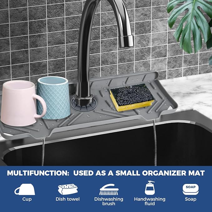 BFONS Silicone Faucet Handle Drip Catcher Drying Tray Mat Dish Soap Sponge Holder Accessories Gadgets for Kitchen Counter Bathroom Kitchen Sink Splash Guard -Grey - Image 3