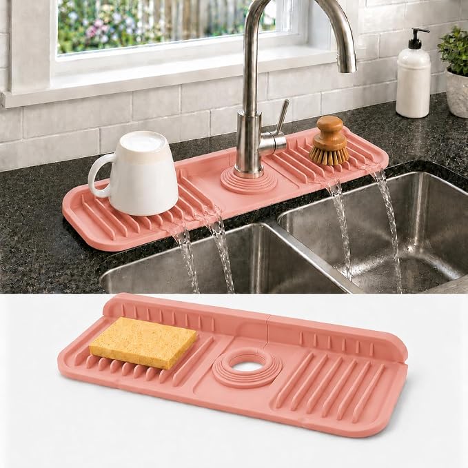 14.5" Silicone Faucet Handle Drip Catcher Tray,7° Sloped Self Draining Mat with Snap-on Design & Soap Holder, Sink Splash Guard for Kitchen & Bathroom, Trim-to-Fit Opening by Unknown