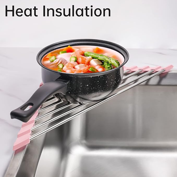Tomorotec Triangle Foldable Dish Drying Rack, Small Roll-Up Stainless Steel Over Sink Drainer for Kitchen Sink Corner, Rustproof Multipurpose Organizer(Pink) | BPA-Free Food-Grade Silicone Edges Foldable Waterproof Rustproof Heavy-Duty Space Saver Heat... - Image 9