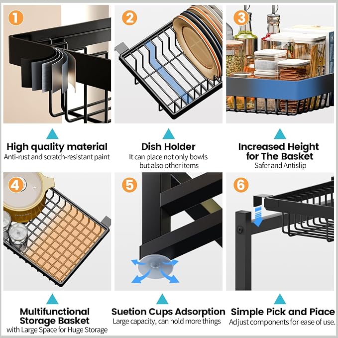 ADBIU Over The Sink Dish Drying Rack (Expandable Height and Length) Snap-On Design 2 Tier Large Dish Rack 31-39.4L x 12W x 34-38H inches - Image 4
