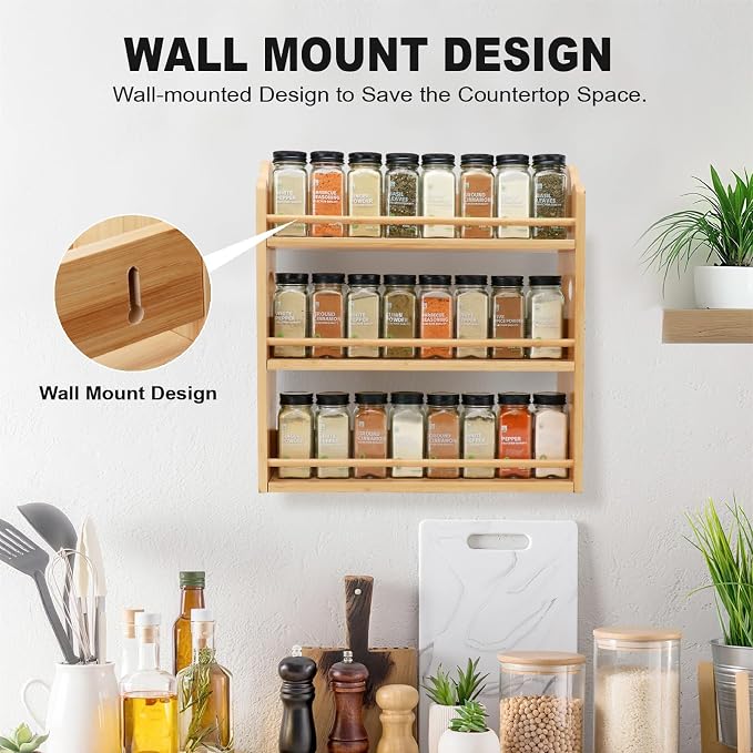 3-Tier Bamboo Spice Rack, Wall Mount & Countertop Spice Organizer | Seasoning Jars Rack Shelf Spice Organizer for Kitchen, Spice Storage Holder with handles, Front and Rear Protective Design - Image 5