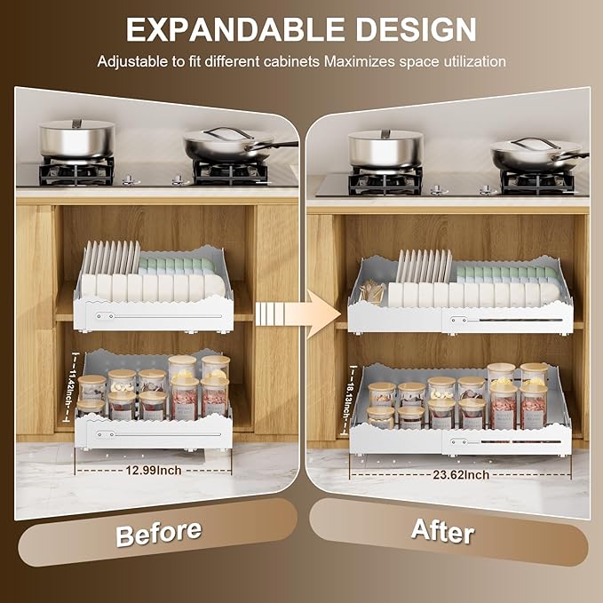 Pull Out Drawers for Cabinets, Expandable Pull Out Cabinet Organizer 11-18" Width,13-24" Depth, Roll out Shelves for Cabinets Without Lip, No Drill Adjustable Slide out Drawers for Kitchen & Pantry - Image 2