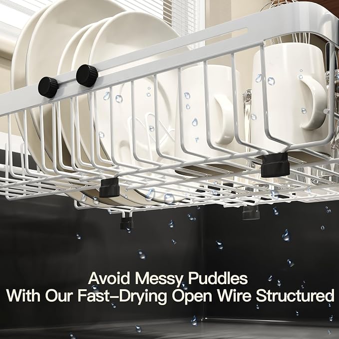 White Dish Drying Rack Over The Sink with Utensil Holder, Mat | Expandable Stainless Steel Dish Drainer for Small Kitchen, Apartment, RV, Counter Space Saving, Perfect Fit, Rustproof - Image 4