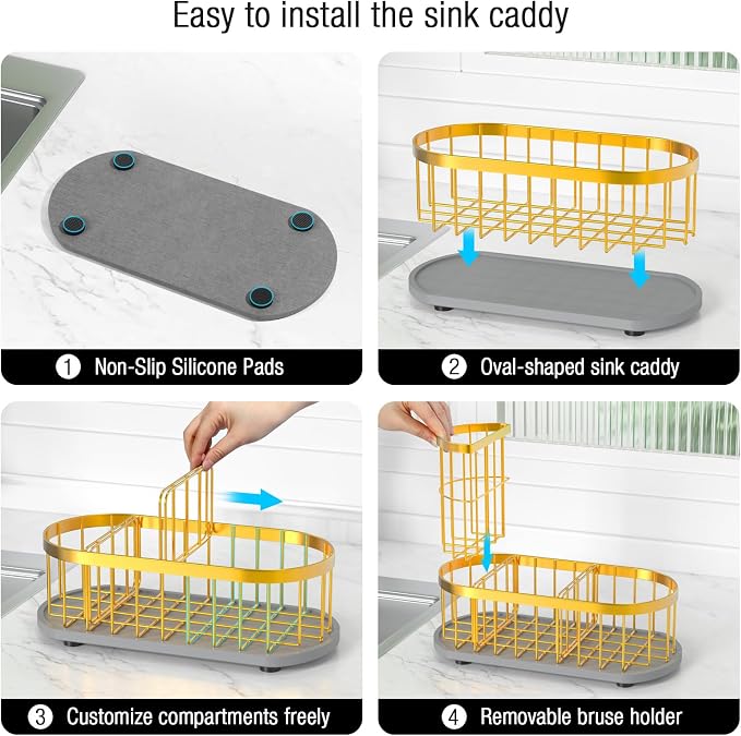 Sink Caddy Kitchen Sink Organizer, Sponge & Brush Holder, Stone Drying Mat - Image 5