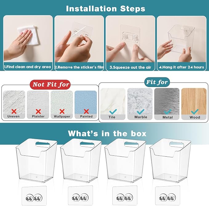 Clear Acrylic Pen Holder, 4 Pack Cabinet Door Organizer Adhesive, Bathroom Wall Mount Caddy Kitchen Plastic Storage Bin Box for Office Marker,Art Supply, Small Cleaning Supply, Seasoning Drink Packet - Image 7
