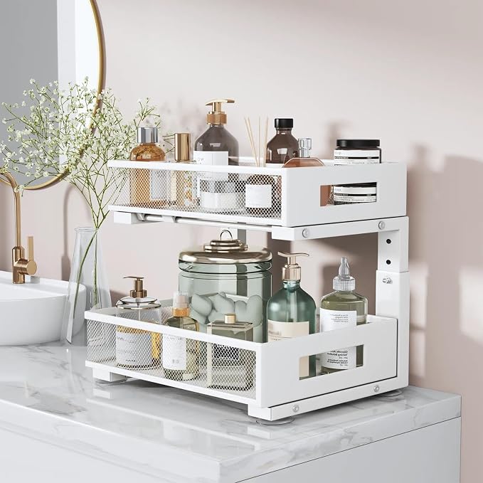 Under Sink Organizer, 2-Tier Dual Pull Out Cabinet Organizer Drawers With Smooth Circular Rail, Large Capacity Metal Mesh Sliding Shelves For Bathroom& Kitchen Storage,Height Adjustable–White,2 Packs - Image 6