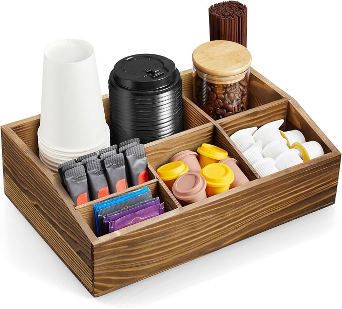 Burnt Wood Coffee Station Organizer for Countertop, Coffee Bar Accessories and Organizer, Rustic Coffee Pod Holder Storage Basket for K Cup Sugar Tea by Unknown