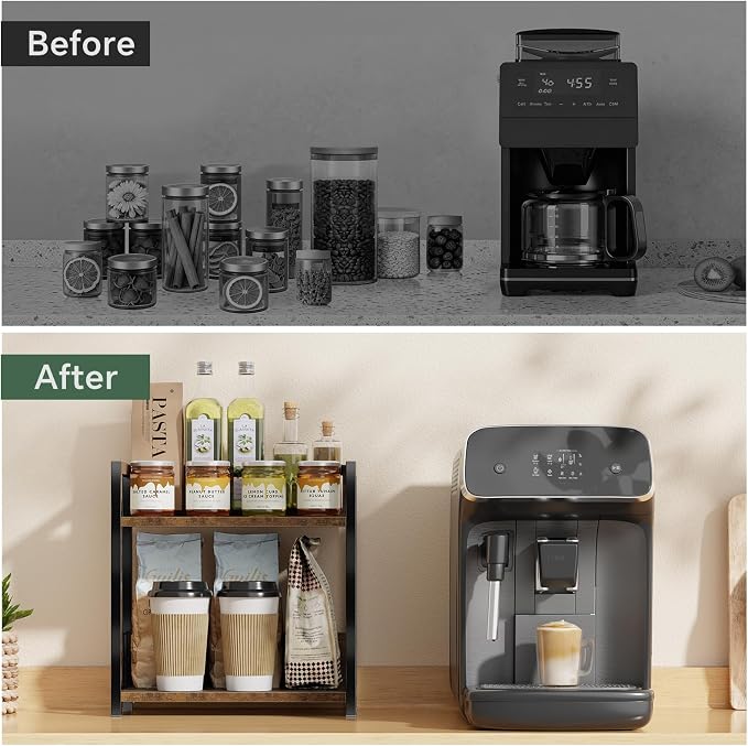 Simple Trending Countertop Shelf Organizer, 2 Tier Kitchen Spice Rack, Coffee Bar Station Storage, for Kitchen Cabinet Bathroom Living Room, Brown, M - Image 7