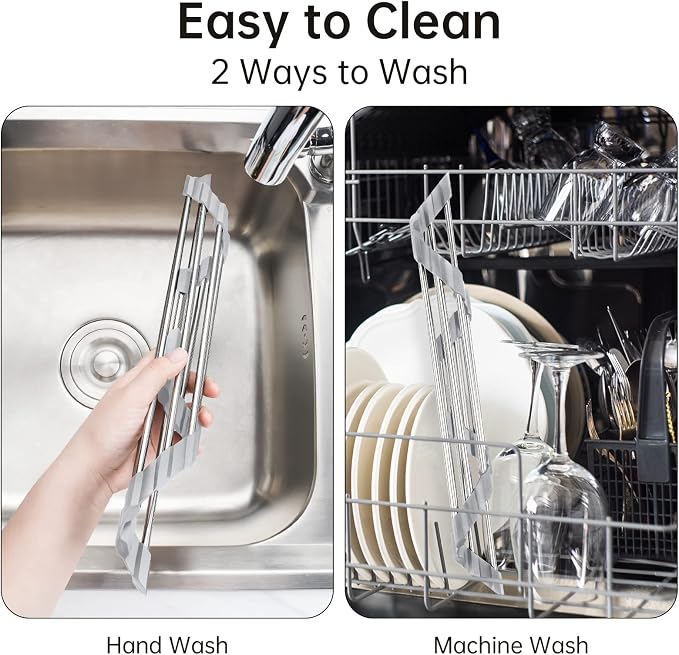 Tomorotec Triangle Roll-Up Dish Drying Rack for Sink Corner Small Foldable Stainless Steel Over The Sink Multipurpose Kitchen Drainer Caddy Organizer Storage Space Saver Shelf Holder (Gray) | BPA-Free Food-Grade Silicone Edges Foldable Waterproof Rustp... - Image 5