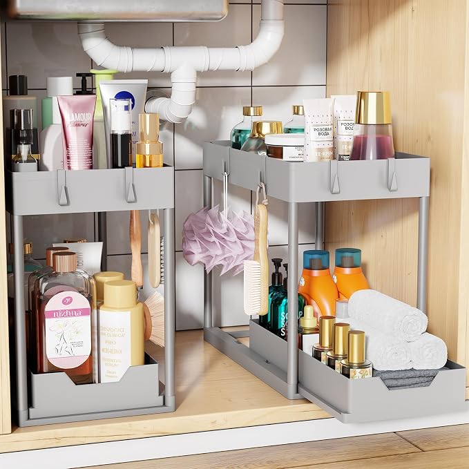 Simple Trending Under Sink Organizer 2 Pack, with Sliding Drawer, Grey | 2-Tier Multi-Use Under Shelf Organizer with Hooks, Sink Pull-Out Sliding Storage Cabinet for Kitchen Bathroom, Easy Assembly by SimpleTrending
