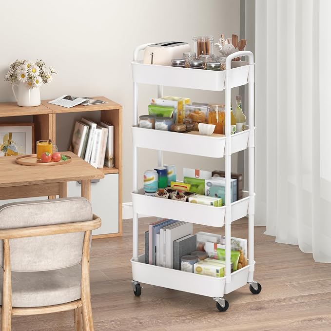 Sywhitta 4-Tier Plastic Rolling Utility Cart with Wheels for Storage,White | Multi-Functional Storage Trolley, for Office, Living Room, Kitchen, Bathroom,Movable Organizer,Space-Saving,Easy to assemble - Image 4