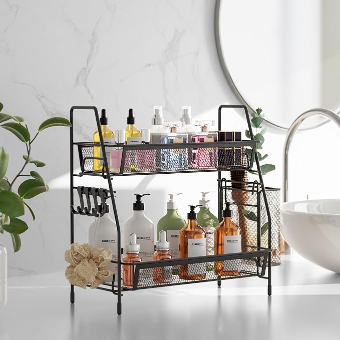 2 Tier Bathroom Countertop Organizer, Vanity Storage Shelf, Small, Black | Bathroom Counter Organizer, Vanity Makeup Tray Shelf, Kitchen Spice Rack, Metal Wire Mesh, with Basket Hooks - Image 2