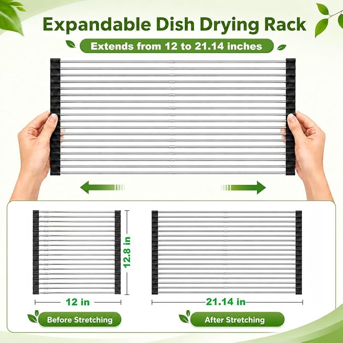 CHIRISEN Expandable Roll Up Dish Drying Rack Over the Sink Drying Rack for Kitchen Counter, Large Stainless Steel Dish Drainer Over Sink Dish Drying Rack Foldable, Collapsible, 21.14''x12'', 18Tube - Image 2