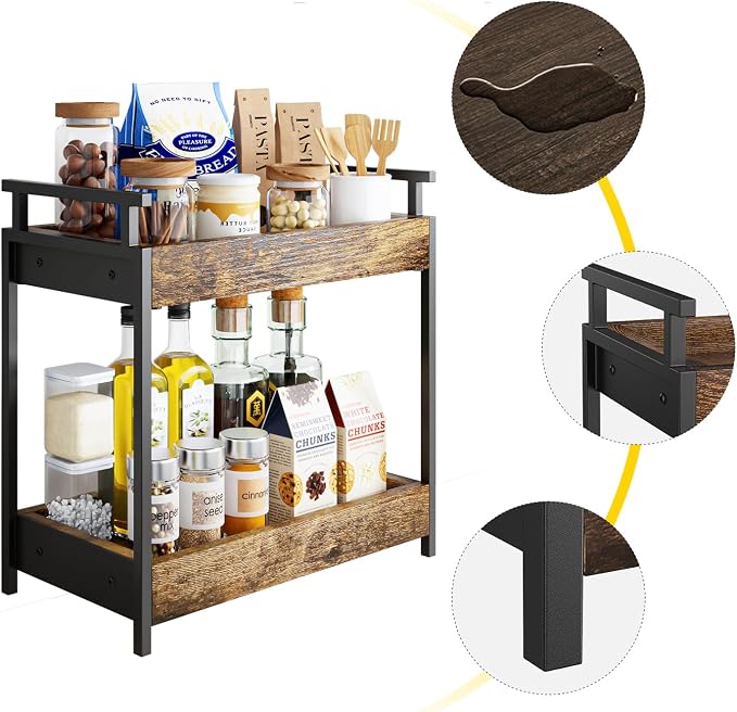 KLM Countertop Coffee Station Organizer, 2 Tier Wooden Shelf for Coffee Bar Accessories, Condiment Storage Caddy for Kitchen, Bathroom Counter Organizer, Home, Office - Brown - Image 6