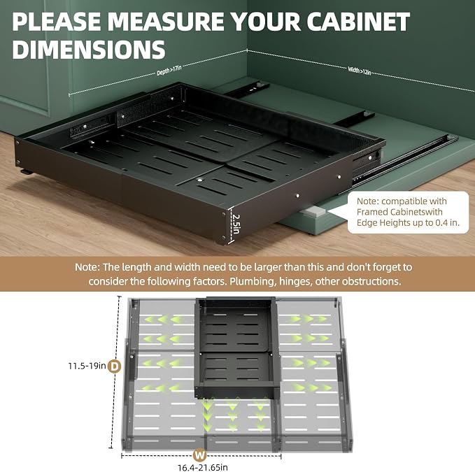2 Pack Expandable Pull Out Cabinet Organizer, Width (12"-19" ) & Depth (16.5"-22")No Drill Adjustable Cabinet Pull Out Shelves for Kitchen,Pantry, Adhesive Roll Out Shelves for Kitchen Cabinets-Black - Image 2