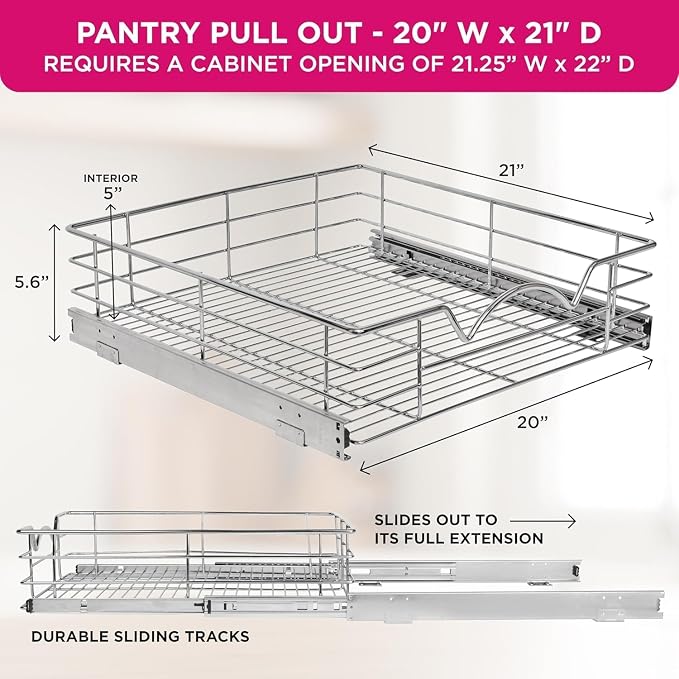 HOLDN’ STORAGE Pull Out Cabinet Organizer, Pantry Drawer, 20"W x 21"D x 5"H | Heavy-Duty Full-Extension, Roll Out Shelf for Pots, Pans & Under Sink Storage, Chrome, Require a 21.25"W Cabinet Opening - Image 6