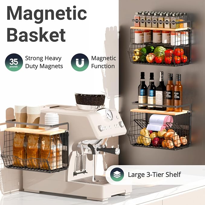 3-Tier Magnetic Shelf for Fridge with Divider & Bamboo Top, Fruit Basket Potato and Onion Storage Bins, Kitchen Large Container Magnetic Spice Rack for Refrigerator, Kitchen Counter, Fridge Organizer - Image 2