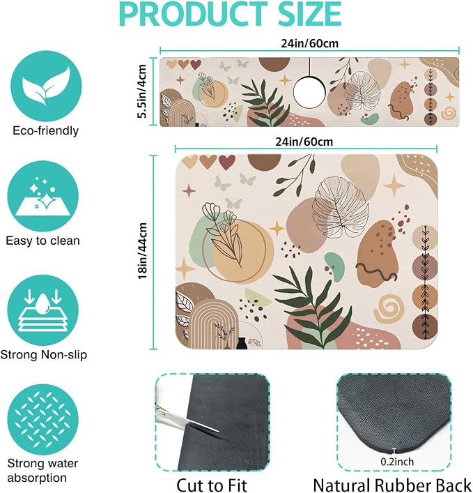 Dish Drying Mat for Kitchen Counter Matt, 2PCS 24"x18" Dish Drainer Mat & 24"x5.5" Sink Splash Guard, Super Absorbent Non-slip Rubber Backed - Image 2