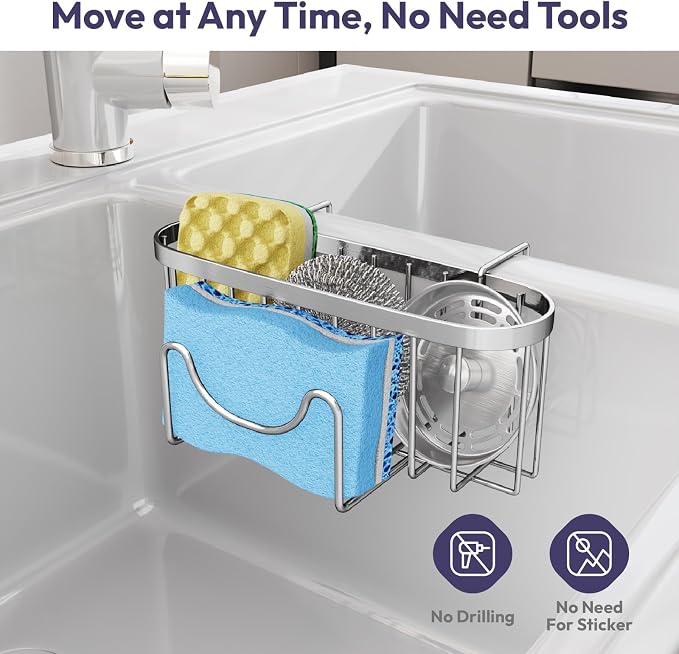 SWTYMIKI Sponge Holder for Kitchen Sink - Movable Kitchen Sink Caddy with M Shape Hook Stainless Steel Hanging Sponges Caddy Organizer in Double Bowl Sinks Depth>3.15in, Middle divider<1.5in, Silver L - Image 6