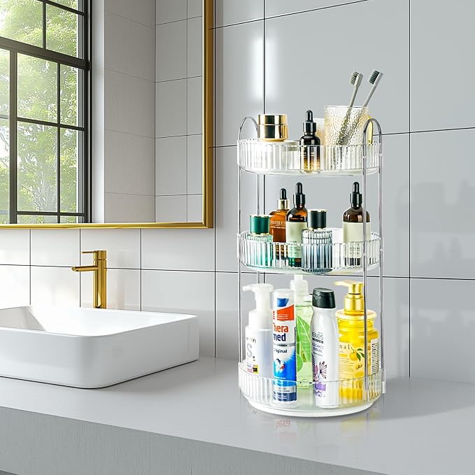 360 Rotating Makeup Organizer, 3 Tier Large Capacity Lazy Susan Bathroom Counter Organizer, Skincare Organizers, Spinning Perfume Organizer & Vanity Organizer Countertop (Silver Clear, 3 Tier) - Image 6